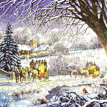 A jigsaw puzzle depicting a winter scene with horse-drawn carriages, snow-covered ground, and people bundled against the cold.
Photo by Karen King [additional_image_link]