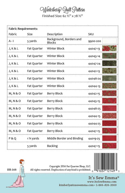Back cover of a Winterberry Quilt Pattern catalog page showing fabric requirements, finished size, and a barcode, with It's Sew Emma branding and a small sewing illustration.
Photo by It's Sew Emma [additional_image_link]