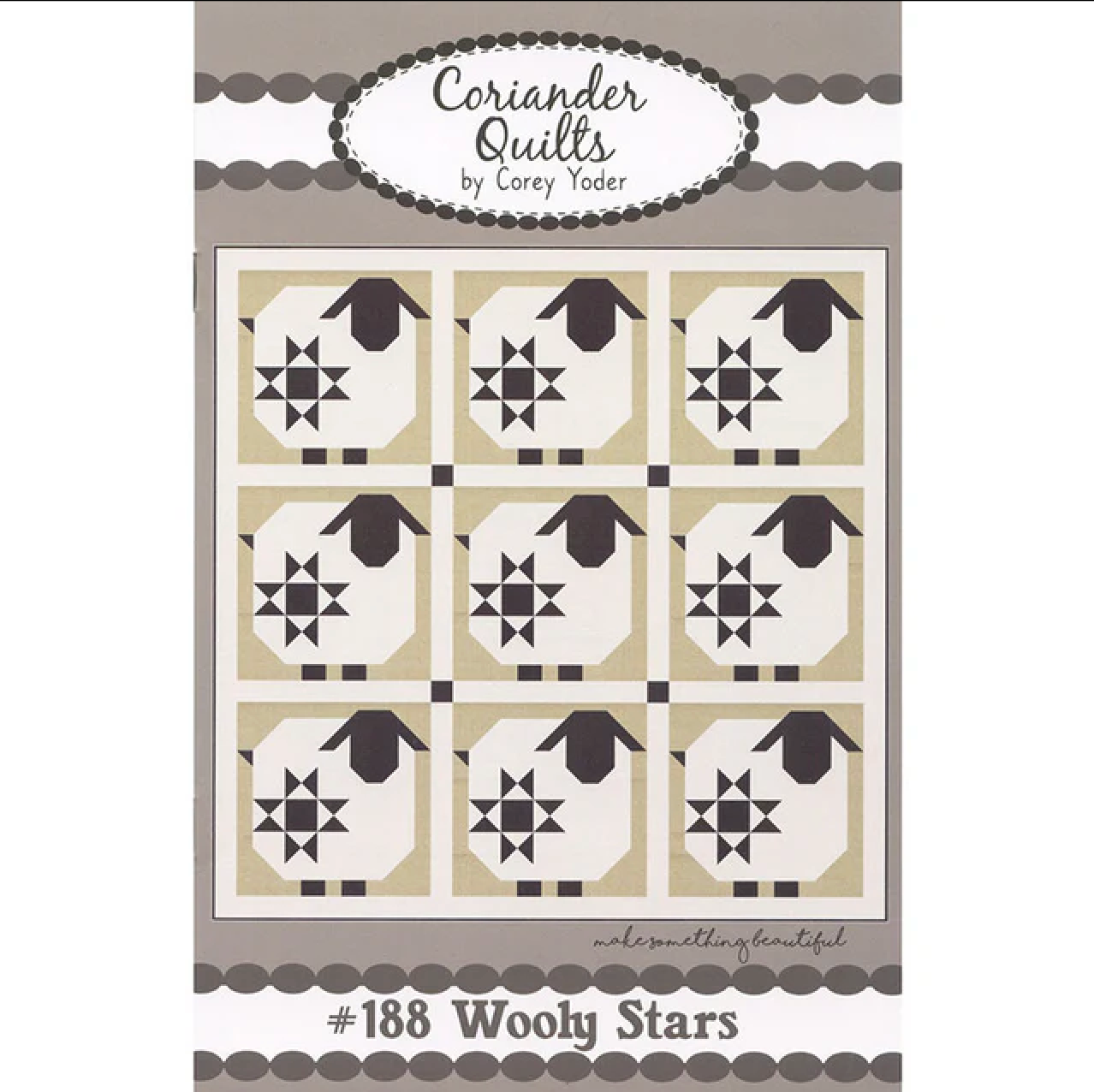 A quilt pattern by Corey Yoder for Coriander Quilts featuring a grid of white sheep with black stars on a beige background, and a title number 188 Wooly Stars at the bottom.
Photo by Coriander Quilts [image_link]