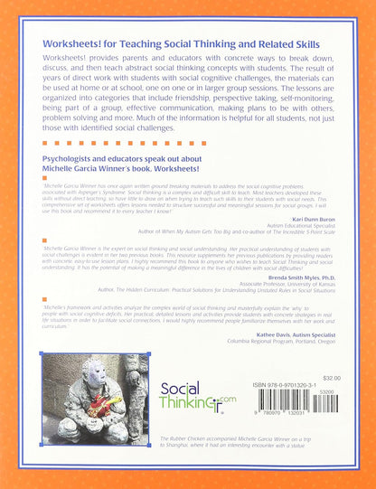 Back cover of a book titled 'Worksheets! for Teaching Social Thinking and Related Skills' with text and a photo of a person sitting on a bench.
Photo by Social Thinking [additional_image_link]
