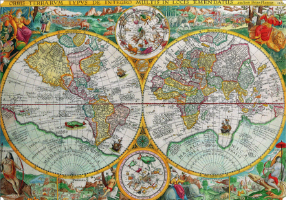 A completed wooden jigsaw puzzle depicting a world map, featuring various stylized countries and a compass in the center.
Photo by Nautilus Puzzles [image_link]