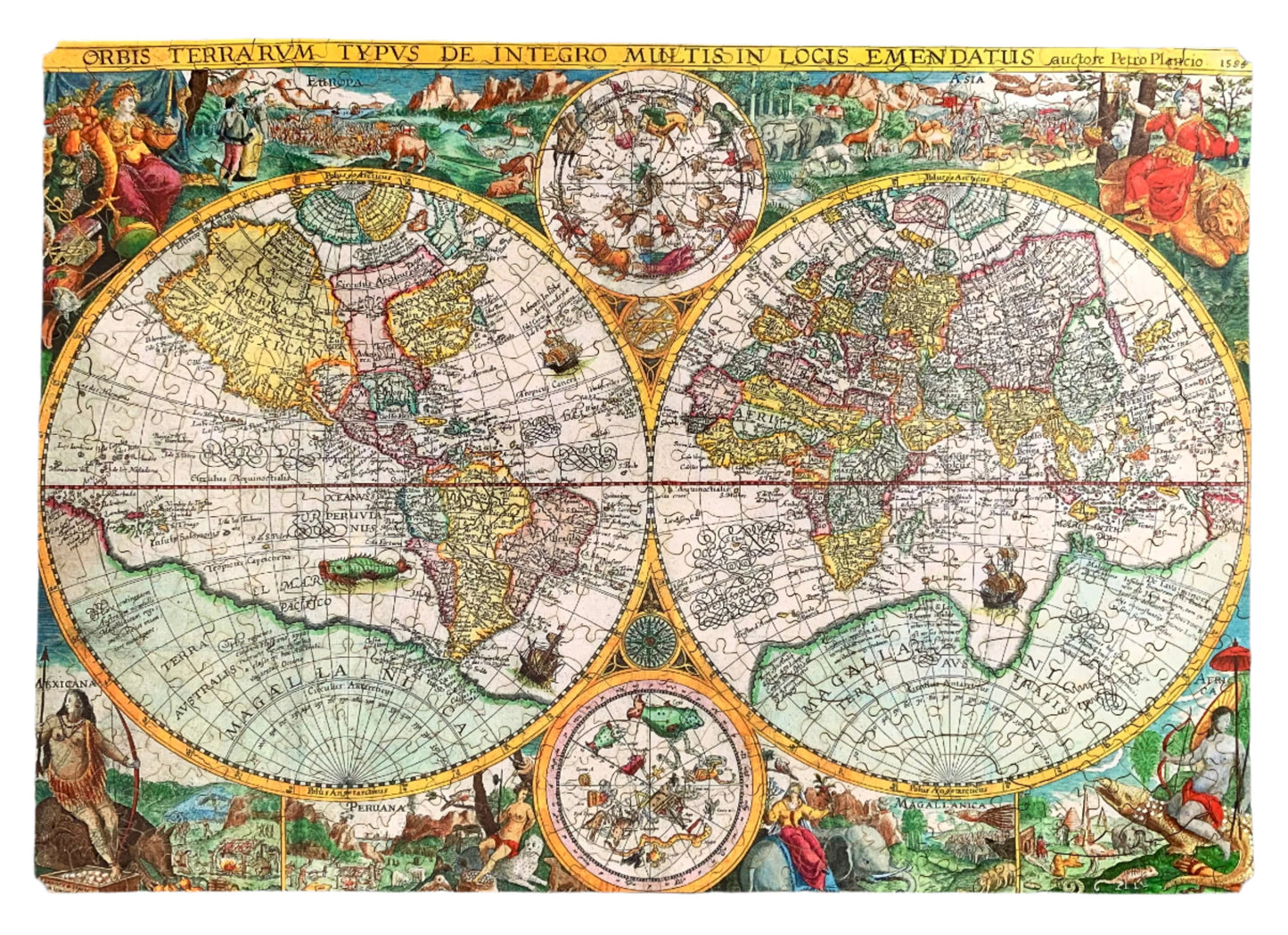 A completed wooden jigsaw puzzle depicting a world map, featuring various stylized countries and a compass in the center.
Photo by Karen King [additional_image_link]