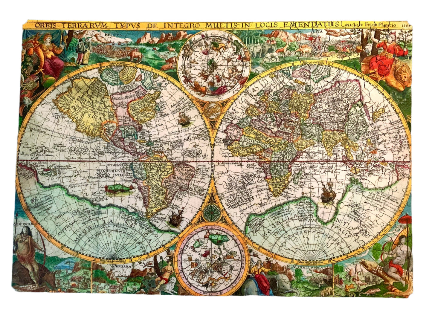 A completed wooden jigsaw puzzle depicting a world map, featuring various stylized countries and a compass in the center.
Photo by Karen King [additional_image_link]
