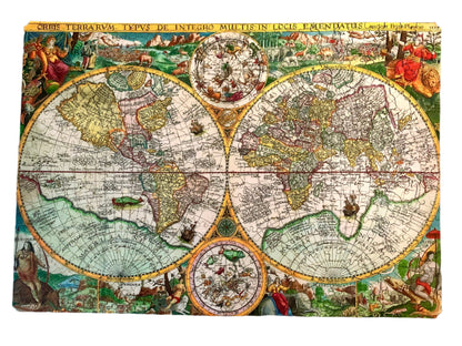 A completed wooden jigsaw puzzle depicting a world map, featuring various stylized countries and a compass in the center.
Photo by Karen King [additional_image_link]