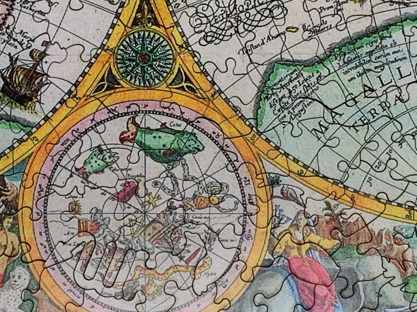 A completed wooden jigsaw puzzle depicting a world map, featuring various stylized countries and a compass in the center.
Photo by Nautilus Puzzles [additional_image_link]