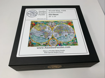 A completed wooden jigsaw puzzle depicting a world map, featuring various stylized countries and a compass in the center.
Photo by Nautilus Puzzles [additional_image_link]