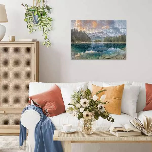Living room with a white sofa, decorative pillows, a vase of flowers, and a puzzle on the wall.
Photo by Ravensburger [additional_image_link]