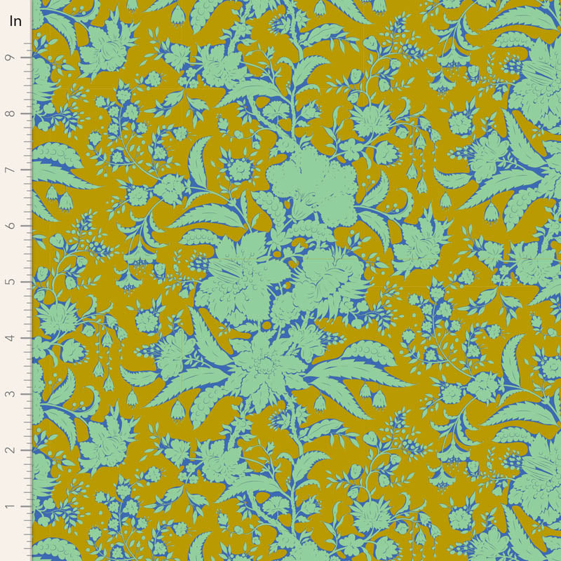 A remnant piece of fabric featuring a floral pattern with yellow background and blue flowers.
Photo by Tildafabrics.com [image_link]