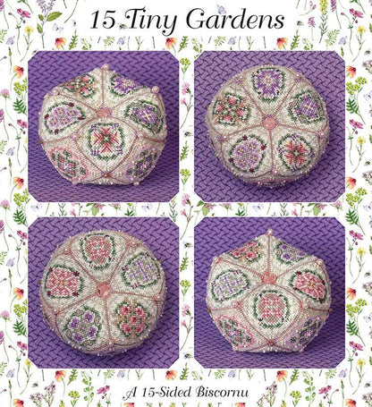 A product presentation showing four views of a 15-sided biscornu needlepoint canvas with '15 Tiny Gardens' text and a floral border. The biscornu features pink, purple, green, and white floral patterns on a purple textured background.
Photo by JustNan.com [image_link]