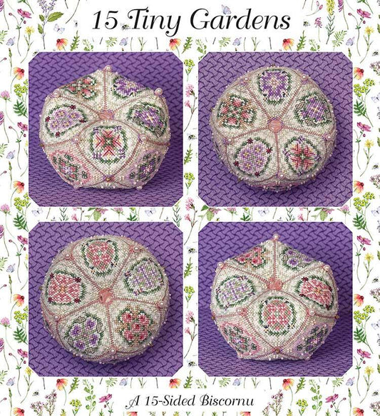 A product presentation showing four views of a 15-sided biscornu needlepoint canvas with '15 Tiny Gardens' text and a floral border. The biscornu features pink, purple, green, and white floral patterns on a purple textured background.
Photo by JustNan.com [image_link]