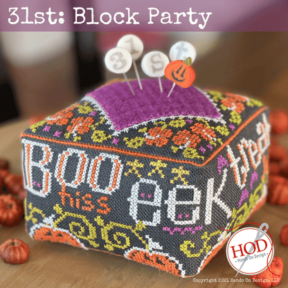 31ST BLOCK PARTY Cross Stitch Embroidery Pincushion Kit from Hands On Design: Pattern, Linen, Floss & JABC Pin Set