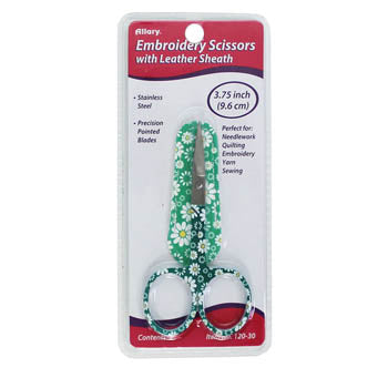 Packaged embroidery scissors with white and green floral pattern and a sheath.
Photo by Allary.com [image_link]