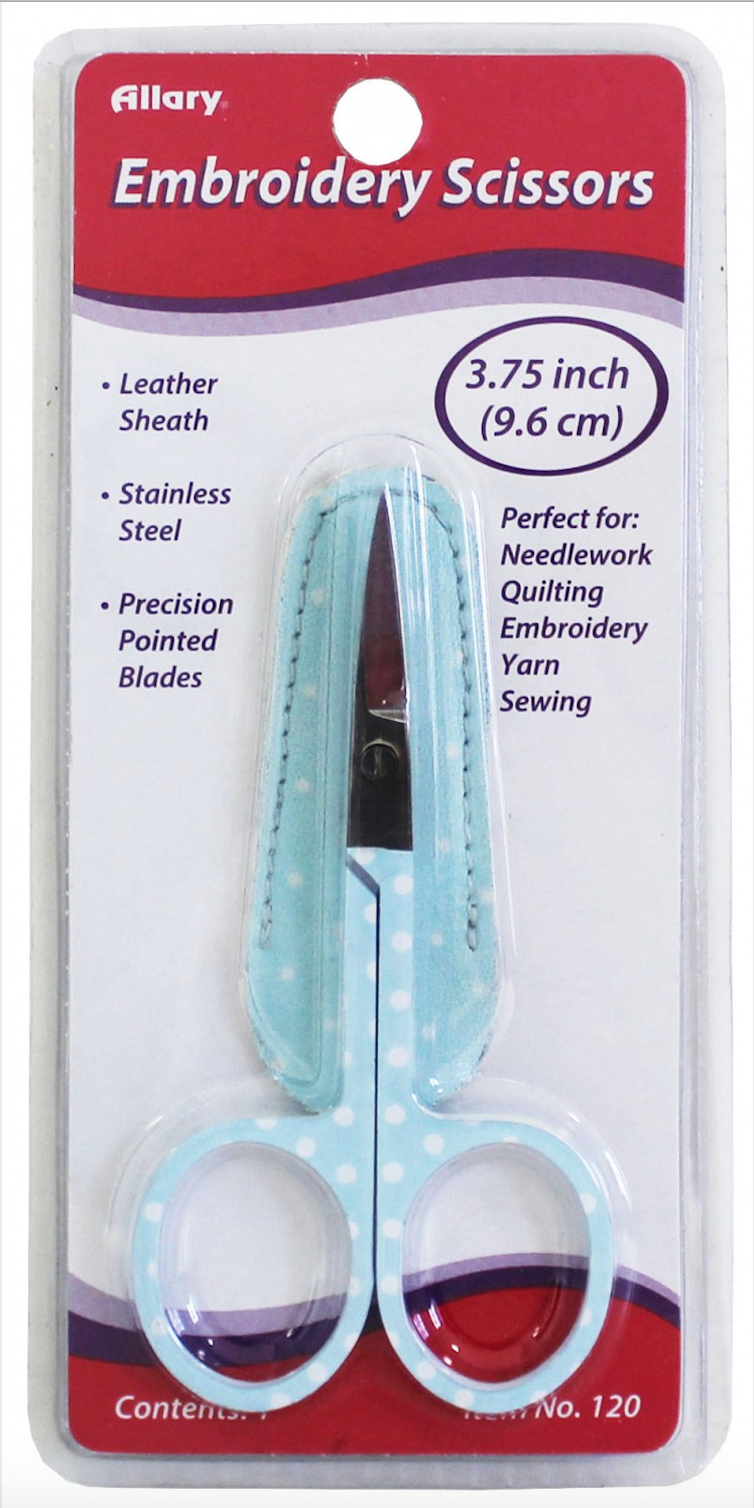A pair of embroidery scissors with a blue polka dot design handle, packaged in a clear plastic sheath with the Allary brand logo at the top.
Photo by Allary.com [image_link]