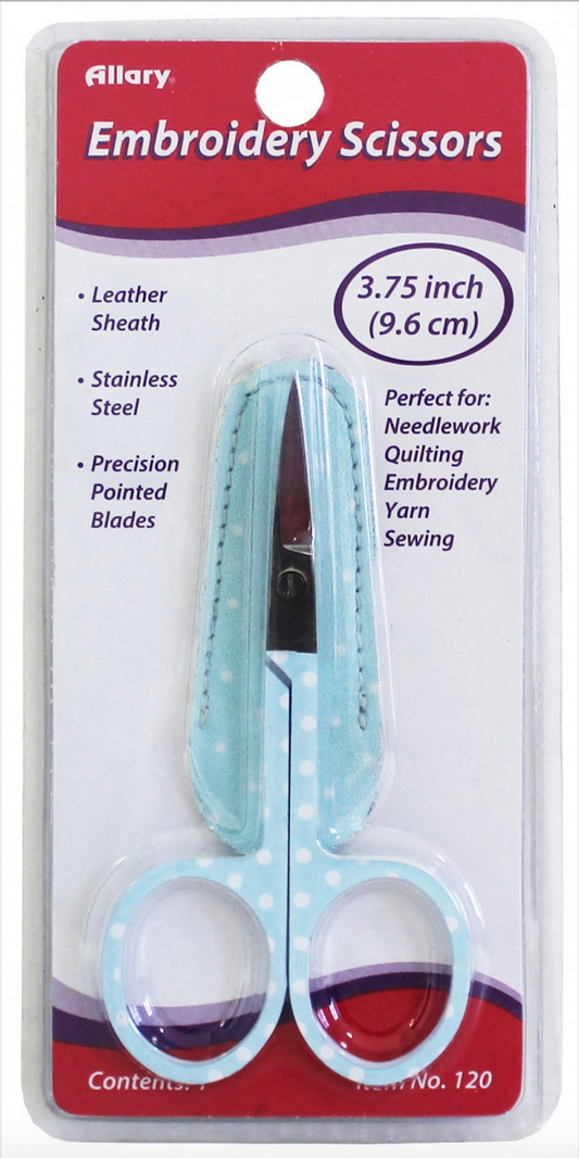 A pair of embroidery scissors with a blue polka dot design handle, packaged in a clear plastic sheath with the Allary brand logo at the top.
Photo by Allary.com [image_link]