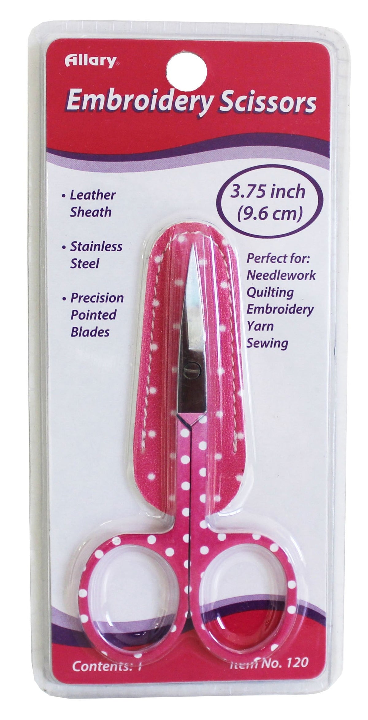 A pair of embroidery scissors with a pink polka dot design handle, packaged in a clear plastic sheath with the Allary brand logo at the top.
Photo by Allary.com [additional_image_link]