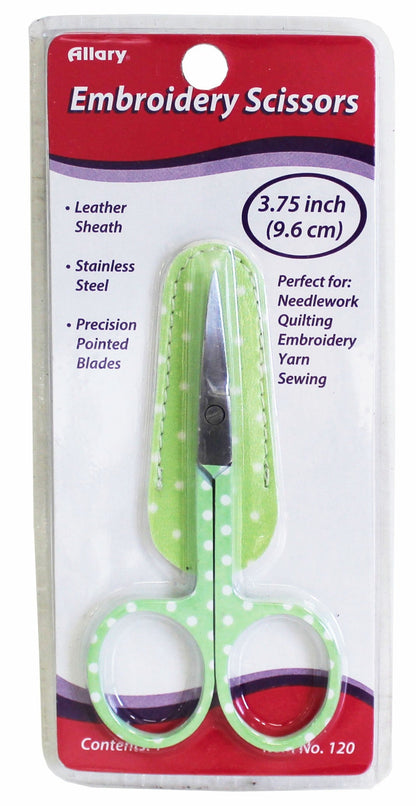 A pair of embroidery scissors with a lime green polka dot design handle, packaged in a clear plastic sheath with the Allary brand logo at the top.
Photo by Allary.com [additional_image_link]