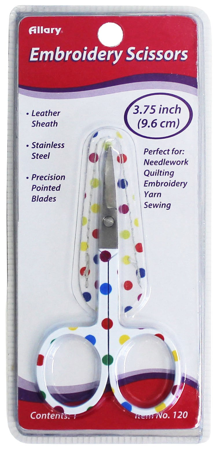 A pair of embroidery scissors with a multicolor polka dot design handle, packaged in a clear plastic sheath with the Allary brand logo at the top.
Photo by Allary.com [additional_image_link]