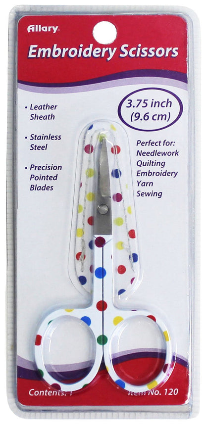 A pair of embroidery scissors with a multicolor polka dot design handle, packaged in a clear plastic sheath with the Allary brand logo at the top.
Photo by Allary.com [additional_image_link]
