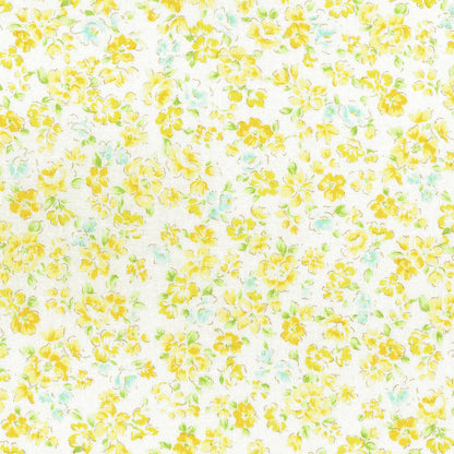 A close-up of a white fabric with a dense, all-over floral print featuring yellow flowers and small green leaves.
Photo by TheSurgeonsKnots.com [additional_image_link]