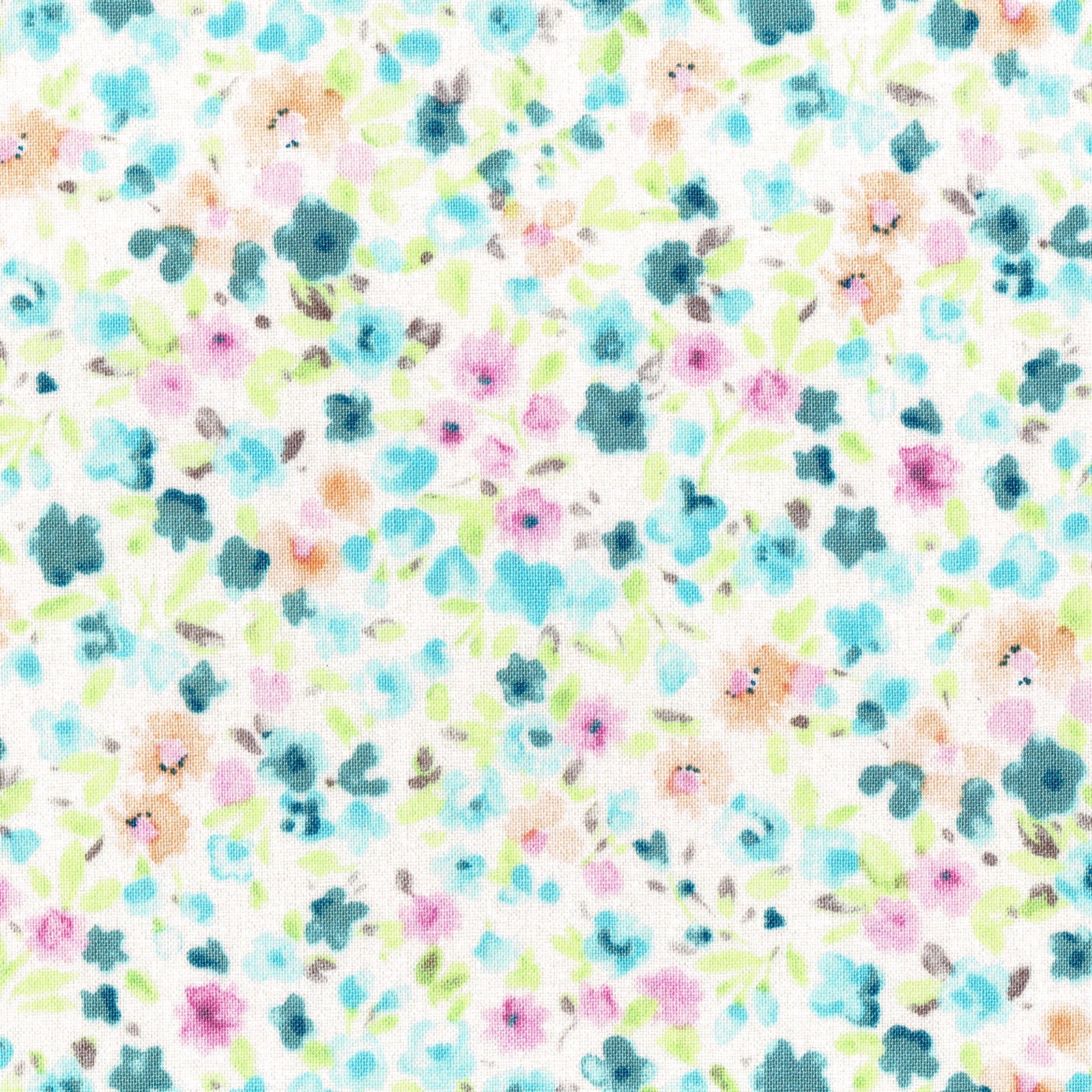 A close-up of a fabric or wallpaper pattern featuring a delicate, hand-painted style watercolor floral print on a white background. The design includes small blossoms in pastel pink, light blue, peach, and mint green with dark teal leaves.
Photo by TheSurgeonsKnots.com [additional_image_link]