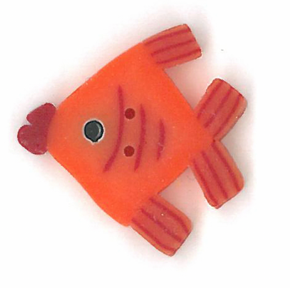 An orange fish-shaped button with red stripes on its fins, a black and white eye, and a small red crest on the side, shown on a white background.
Photo by JustAnotherButtonCompany.com [additional_image_link]
