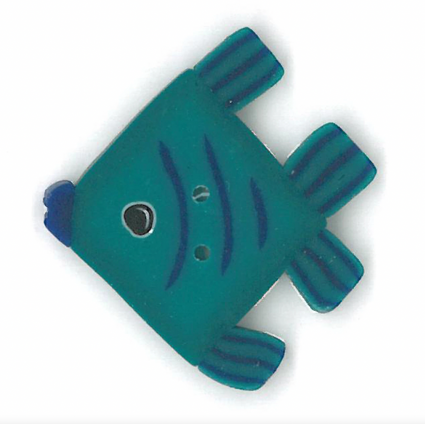 A turquoise and blue fish-shaped button with embroidered details and a central hole, shown on a white background.
Photo by JustAnotherButtonCompany.com [additional_image_link]