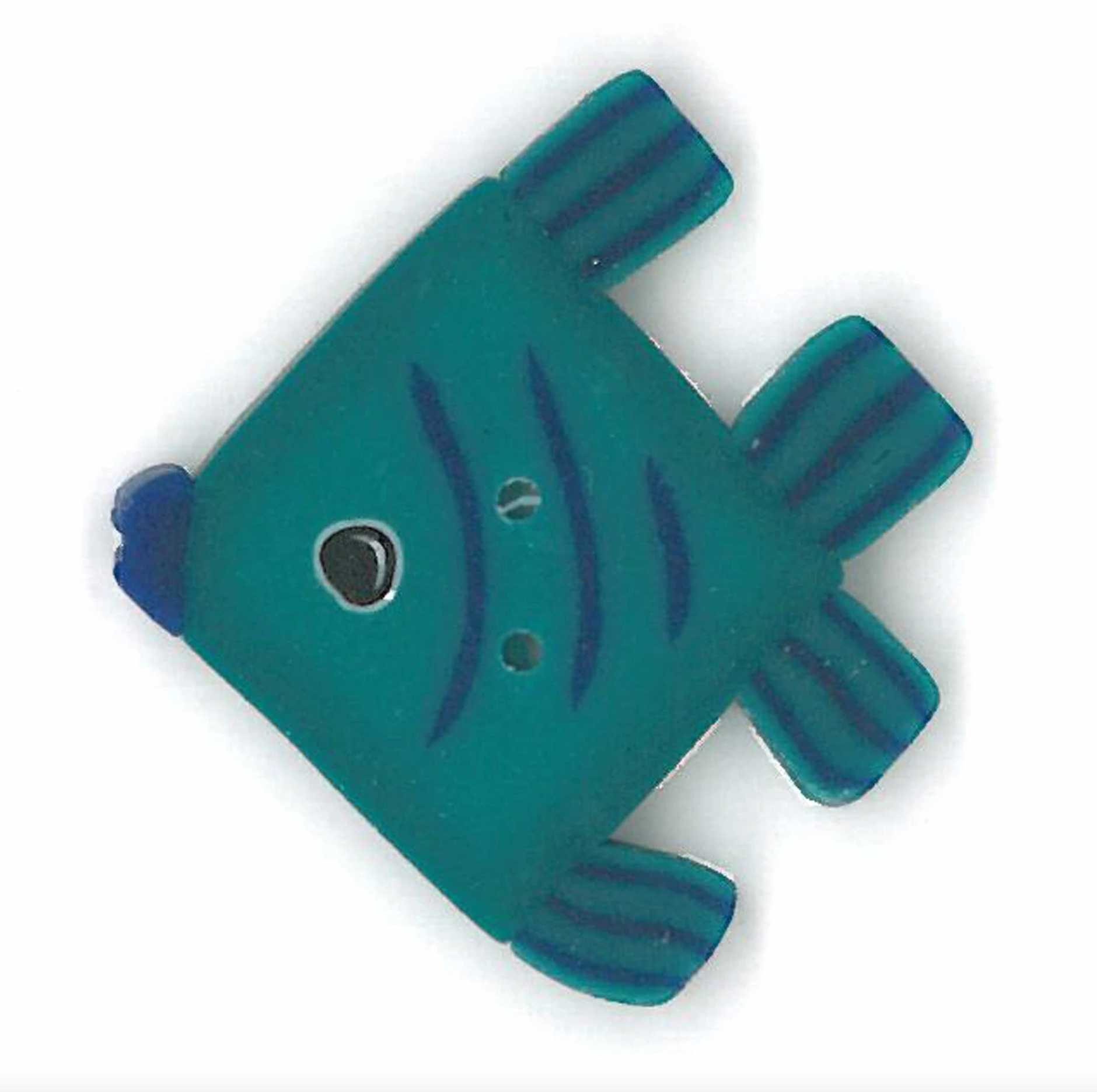 A turquoise and blue fish-shaped button with embroidered details and a central hole, shown on a white background.
Photo by JustAnotherButtonCompany.com [additional_image_link]