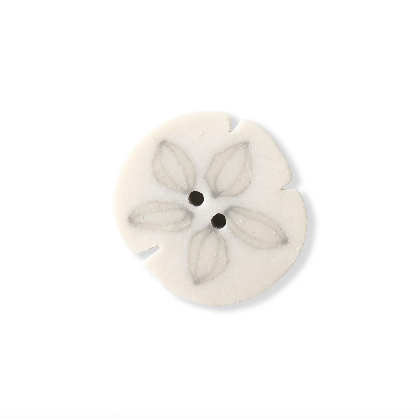 A single round white sand dollar shell button with a gray leaf pattern, shown on a plain white background.
Photo by JustAnotherButtonCompany.com [additional_image_link]