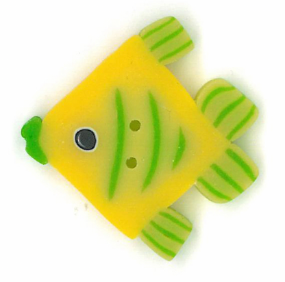 A yellow and green fish-shaped button, shown on a plain white background.
Photo by JustAnotherButtonCompany.com [additional_image_link]