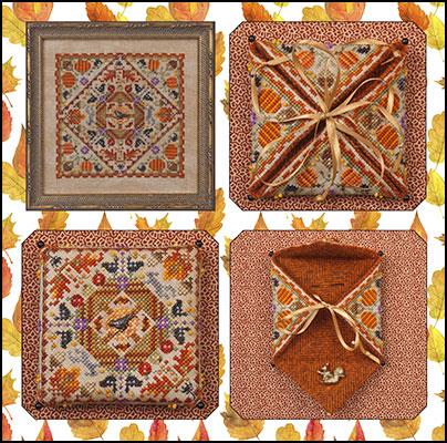 A collage showing four views of a square cross-stitch or needlepoint textile with an autumn-themed pattern, including framed and folded presentations on a leaf-patterned background.
Photo by JustNan.com [image_link]