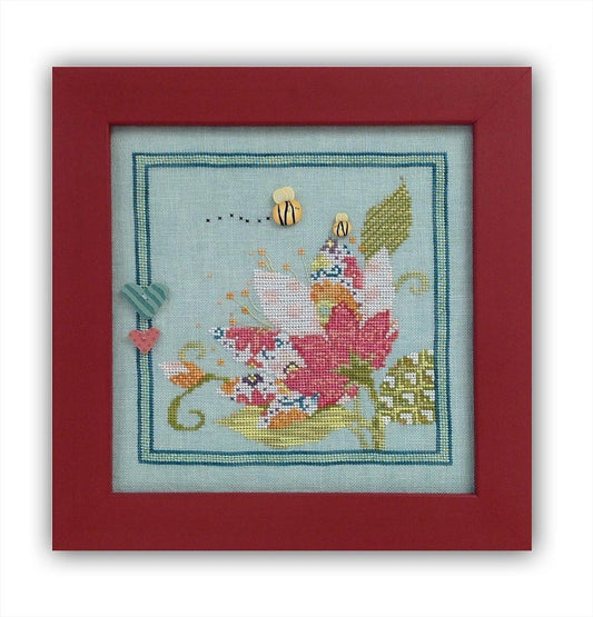 A cross-stitched floral pattern in a frame, with a predominantly blue and white color scheme, and a red frame.
Photo by JustAnotherButtonCompany.com [image_link]
