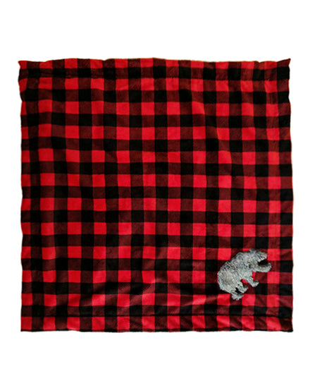 A red and black checkered baby cuddle blanket with a gray bear applique on the bottom right corner.
Photo by Shannon Fabrics [image_link]