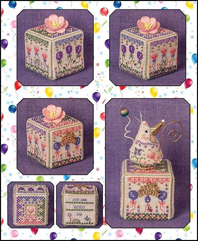 A collage showing multiple views of a decorative embroidered cube box with a pink flower on top, plus a small mouse figurine sitting on one of the boxes. The product is shown against purple panels on a white background with colorful confetti and balloon motifs.
Photo by JustNan.com [image_link]