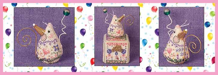 A three-panel collage showing a decorative mouse-shaped needlepoint canvas with a small box in the center panel and two additional views of the finished mouse design on a purple background with colorful balloons.
Photo by JustNan.com [additional_image_link]