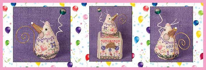 A three-panel collage showing a decorative mouse-shaped needlepoint canvas with a small box in the center panel and two additional views of the finished mouse design on a purple background with colorful balloons.
Photo by JustNan.com [additional_image_link]