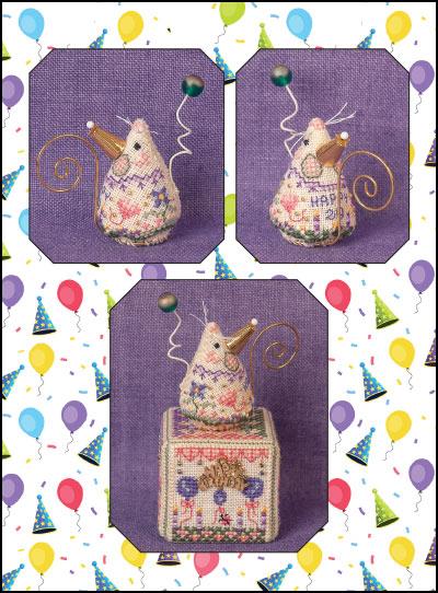 Three views of a decorative cross-stitch needlework mouse figurine wearing a party hat, displayed on a purple fabric background with a white border decorated with colorful balloons, party hats, and confetti.
Photo by JustNan.com [additional_image_link]