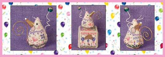 A three-panel collage showing a decorative mouse-shaped needlepoint canvas with a small box in the center panel and two additional views of the finished mouse design on a purple background with colorful balloons.
Photo by JustNan.com [image_link]