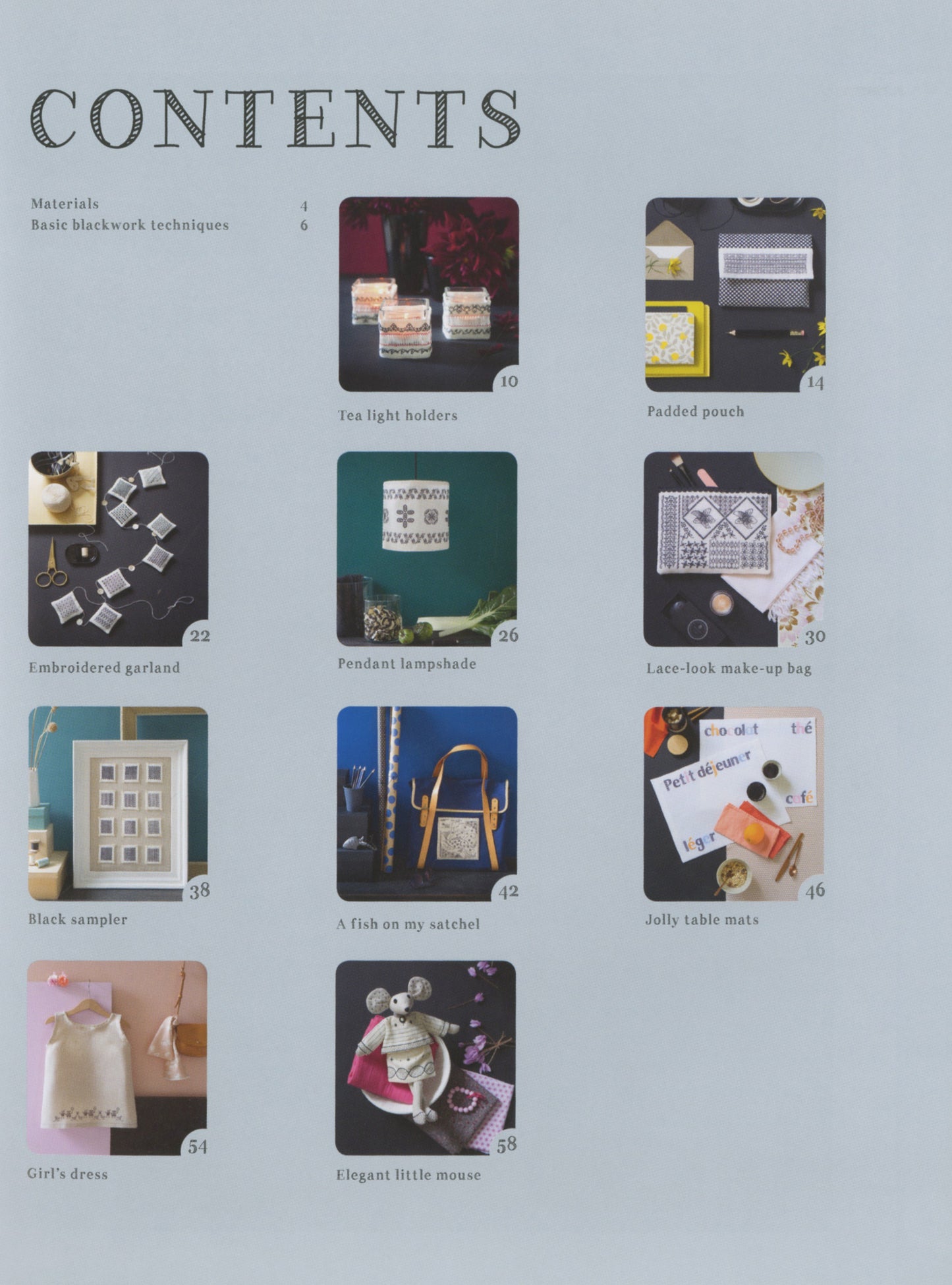 A printed contents page from a book or magazine with the large title 'CONTENTS' at the top and a grid of small cover photos and captions below on a pale blue background.
Photo by Search Press [additional_image_link]