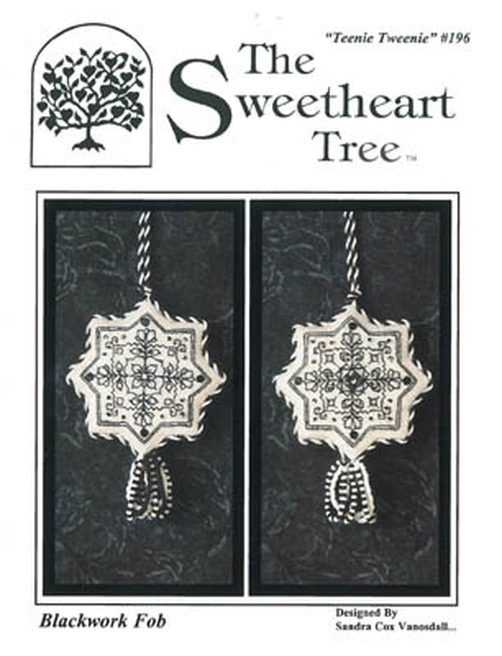 Cover of a blackwork pattern booklet titled 'The Sweetheart Tree' with the subtitle 'Teenie Tweener' #1996. The cover shows two blackwork fobs on a dark textured background, with the text 'Blackwork Fob' at the bottom left and designer credit at the bottom right.
Photo by The Sweetheart Tree [image_link]