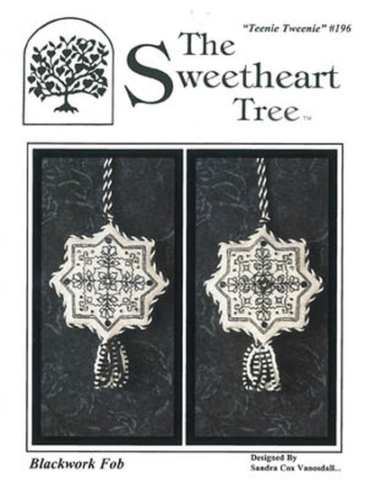Cover of a blackwork pattern booklet titled 'The Sweetheart Tree' with the subtitle 'Teenie Tweener' #1996. The cover shows two blackwork fobs on a dark textured background, with the text 'Blackwork Fob' at the bottom left and designer credit at the bottom right.
Photo by The Sweetheart Tree [image_link]