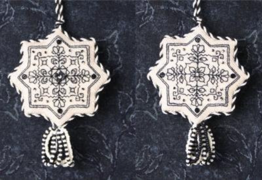 A pair of silver-toned geometric dangle earrings with intricate black floral and geometric patterns, displayed against a dark textured background.
Photo by The Sweetheart Tree [additional_image_link]