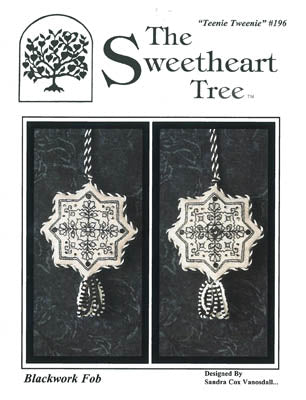 Cover of a blackwork pattern booklet titled 'The Sweetheart Tree' with the subtitle 'Teenie Tweener' #1996. The cover shows two blackwork fobs on a dark textured background, with the text 'Blackwork Fob' at the bottom left and designer credit at the bottom right.
Photo by The Sweetheart Tree [additional_image_link]