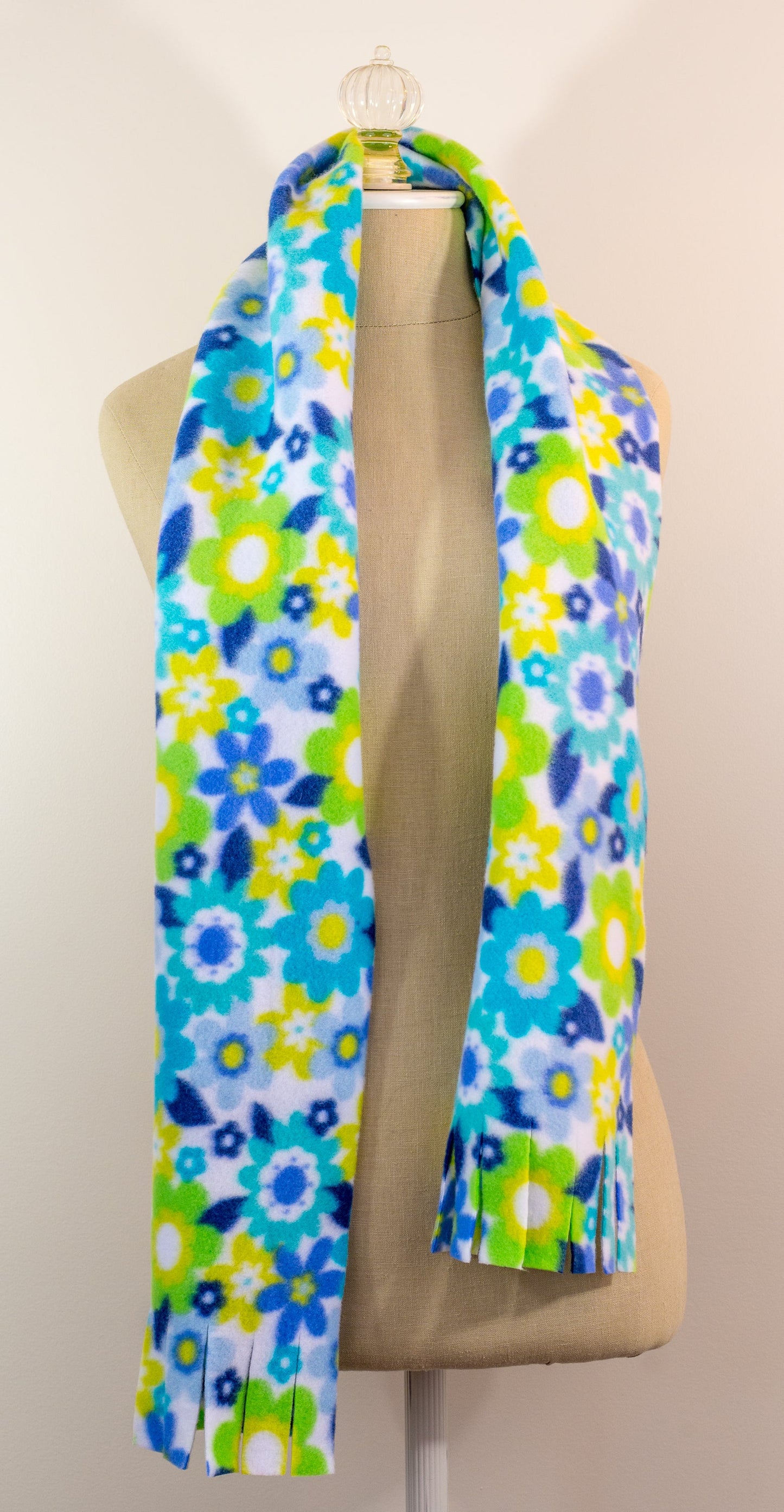 Blue and Yellow Floral Polar Fleece Scarf 10" x 72" Handmade