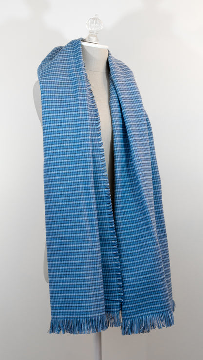 A blue tartan plaid flannel blanket scarf draped over a mannequin bust.
Photo by Karen King  [additional_image_link]