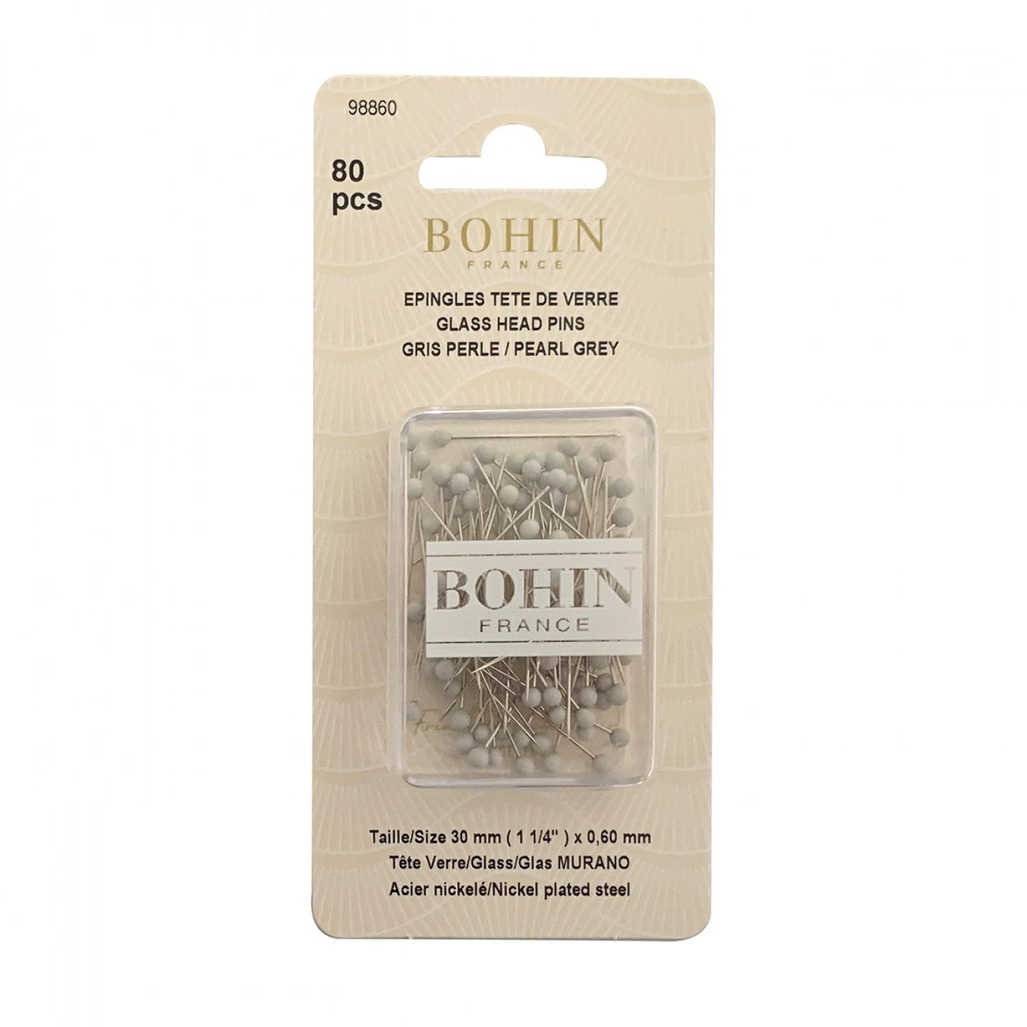 Bohin Glass Head Pins Pearl Grey 1-3/16": 80 Murano Glass Head Extra Fine Straight Pins