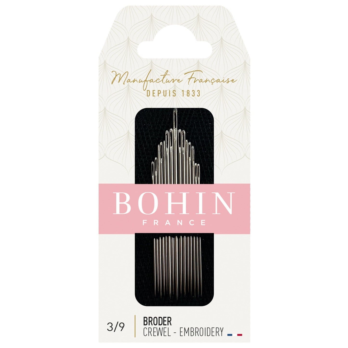 Packaging of Bohin Embroidery/Crewel Needles, showing the needles and the brand name Bohin France, with the text emphasizing the size 3/9 and the quantity of 15 needles.
Photo by Bohin [image_link]