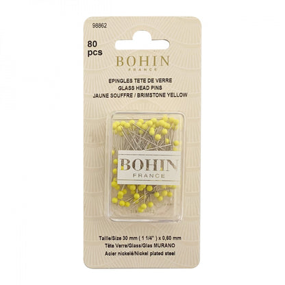 Bohin France 80-piece set of glass head pins in a beige hanging card package, with the pins visible through a clear plastic window and labeled 'Jaune Soufre / Brimstone Yellow'.
Photo by Bohin [image_link]
