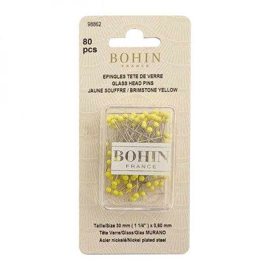 Bohin France 80-piece set of glass head pins in a beige hanging card package, with the pins visible through a clear plastic window and labeled 'Jaune Soufre / Brimstone Yellow'.
Photo by Bohin [image_link]