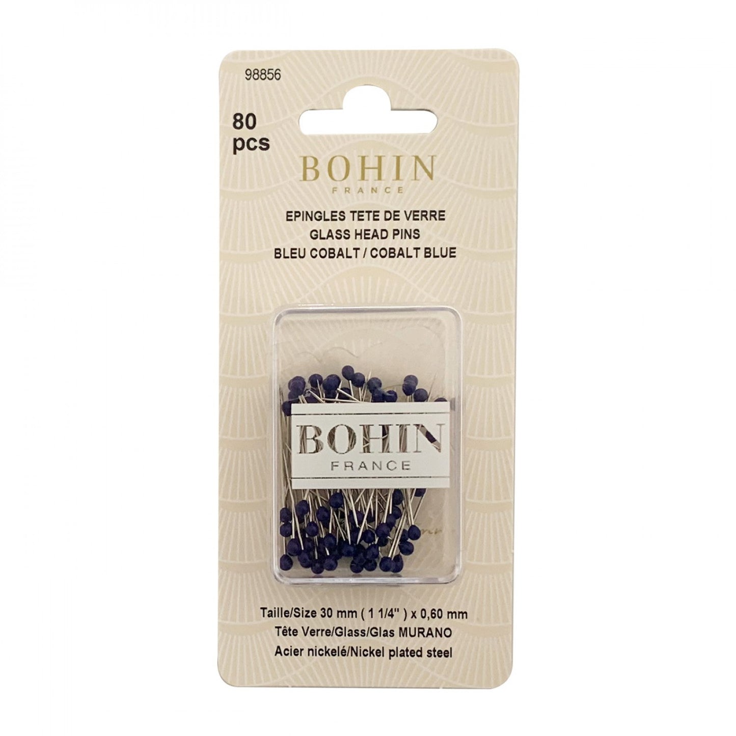 Bohin France cobalt blue glass head pins in their original beige cardboard packaging, containing 80 pieces.
Photo by Bohin [image_link]