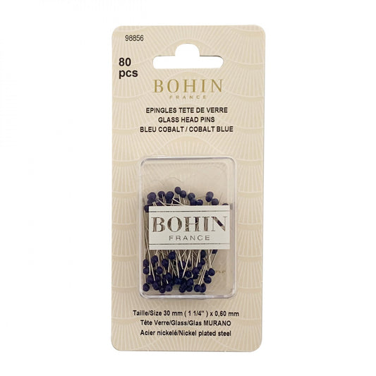 Bohin France cobalt blue glass head pins in their original beige cardboard packaging, containing 80 pieces.
Photo by Bohin [image_link]